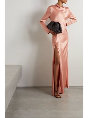 Satin Long Sleeve Maxi Dress with High Leg Slit - Blush